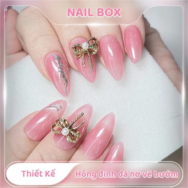 Nail box thiết kế hồng đính đá nơ vẽ bướm