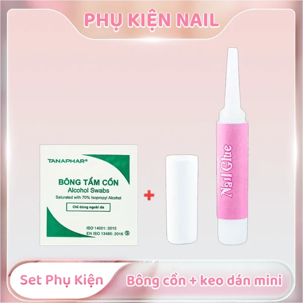 Set phụ kiện nail bông cồn + keo dán mini